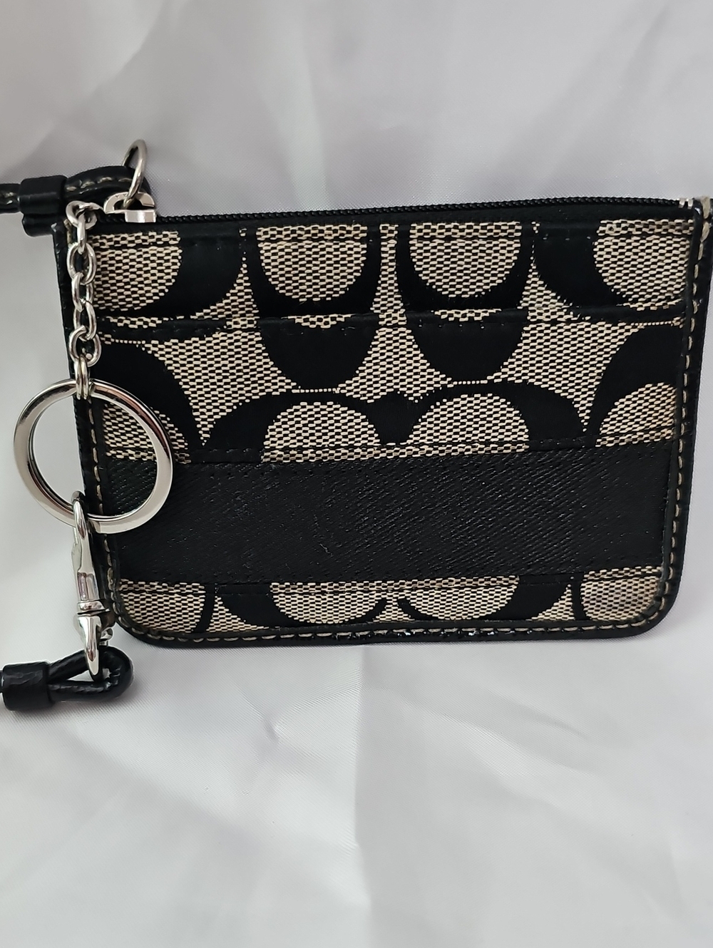 Coach Black and Beige Signature Zip Card Case Wristlet